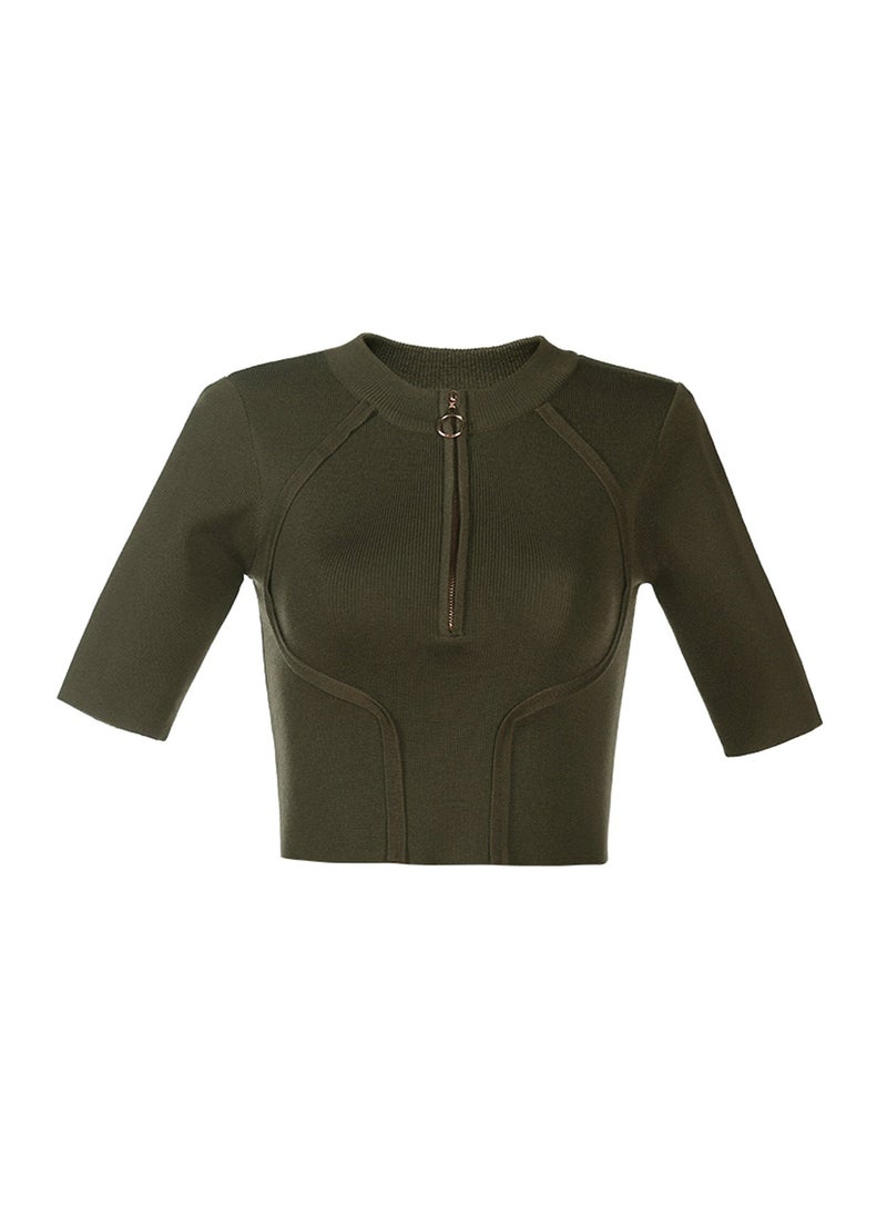 London Rag Zip up Half Sleeve Cropped Cardigan in Olive - Image 5