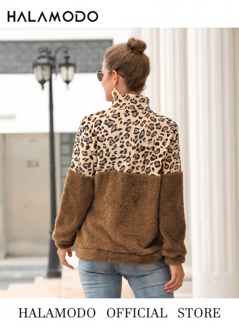 Halamodo Women Casual Double Fuzzy Sweatshirt Faux Fleece Zip Pullover Coat Outwear - Image 3