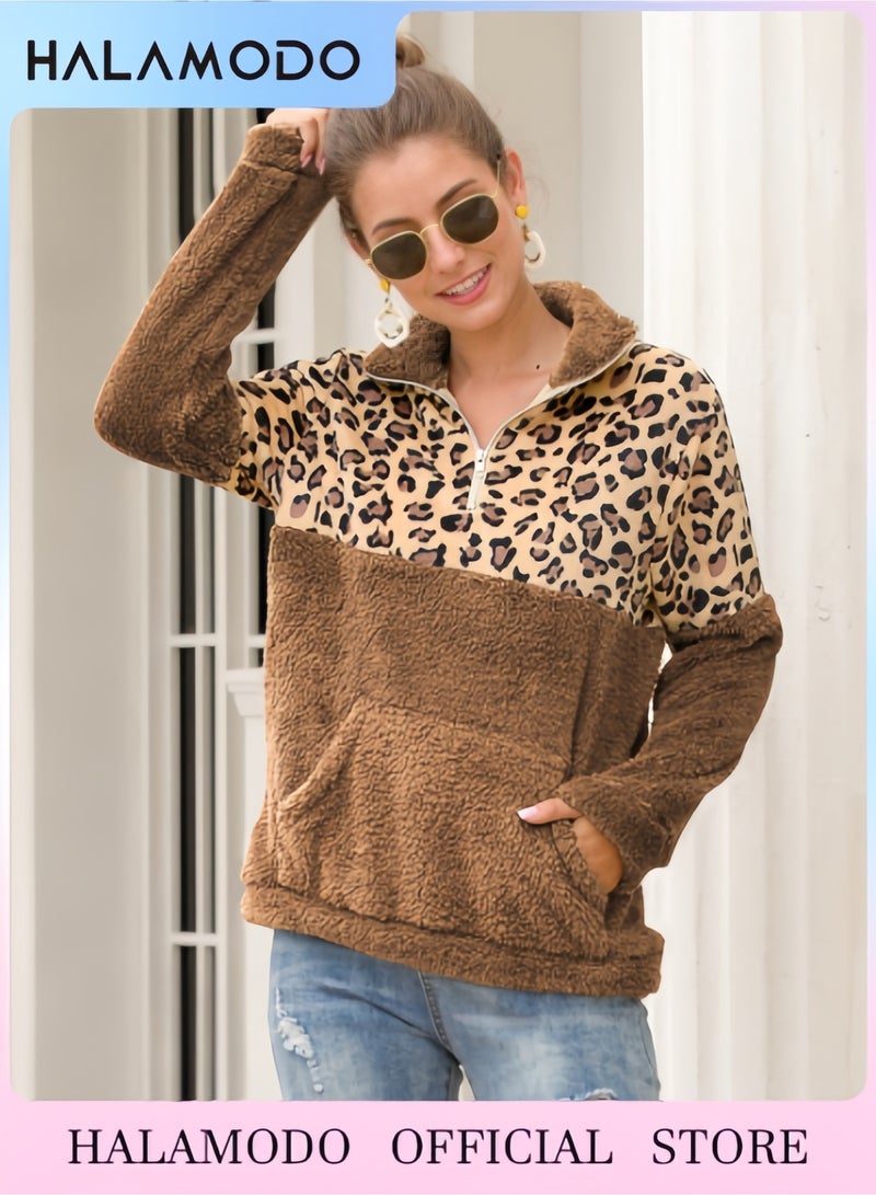 Halamodo Women Casual Double Fuzzy Sweatshirt Faux Fleece Zip Pullover Coat Outwear - Image 1
