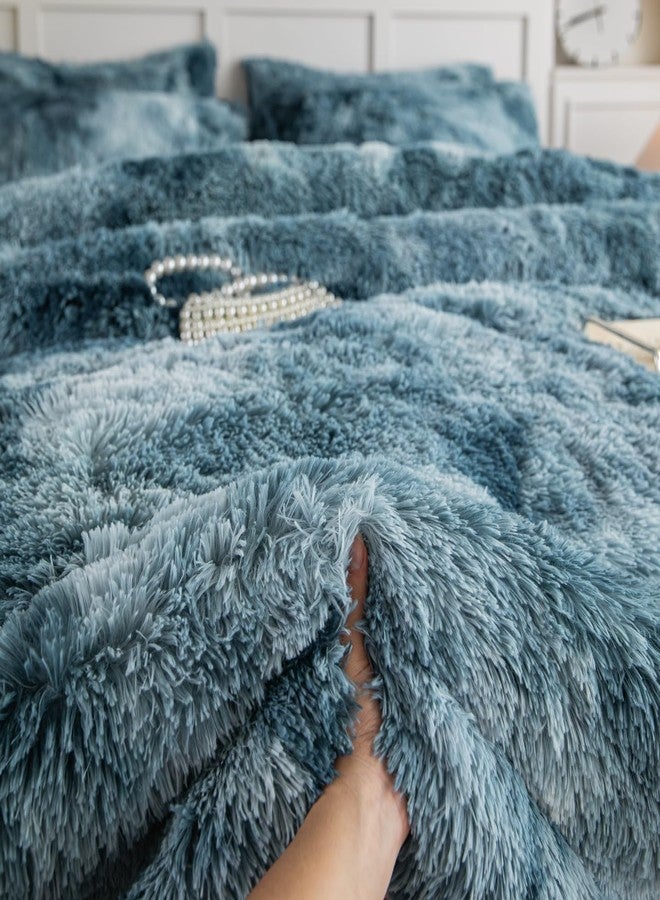 chovy طقم لحاف تشوفي من الفرو الصناعي المصبوغ بألوان الأزرق والأبيض - طقم سرير من 3 قطع، فائق النعومة، مصنوع من الفلانيل المخملي الفاخر، مفروشات رقيقة وناعمة (لحاف × 1، غطاء وسادة × 2) - Image 4