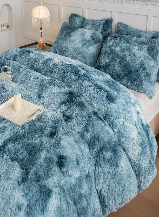 chovy طقم لحاف تشوفي من الفرو الصناعي المصبوغ بألوان الأزرق والأبيض - طقم سرير من 3 قطع، فائق النعومة، مصنوع من الفلانيل المخملي الفاخر، مفروشات رقيقة وناعمة (لحاف × 1، غطاء وسادة × 2) - Image 3