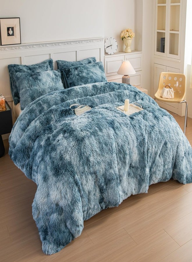 chovy طقم لحاف تشوفي من الفرو الصناعي المصبوغ بألوان الأزرق والأبيض - طقم سرير من 3 قطع، فائق النعومة، مصنوع من الفلانيل المخملي الفاخر، مفروشات رقيقة وناعمة (لحاف × 1، غطاء وسادة × 2) - Image 2