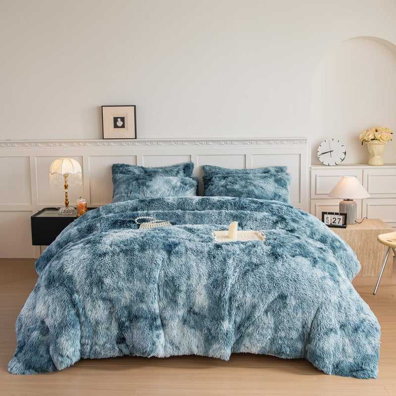 chovy طقم لحاف تشوفي من الفرو الصناعي المصبوغ بألوان الأزرق والأبيض - طقم سرير من 3 قطع، فائق النعومة، مصنوع من الفلانيل المخملي الفاخر، مفروشات رقيقة وناعمة (لحاف × 1، غطاء وسادة × 2) - Image 1