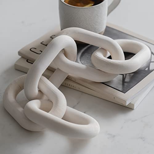 PEAKOLY Wood Chain Link Decor - White Wooden Decorative Objects for Shelves, Coffee Table Sculpture, Book Shelf Accessories, Modern Shelf Decor Accents, Console or Entryway Table Decorations - Image 1