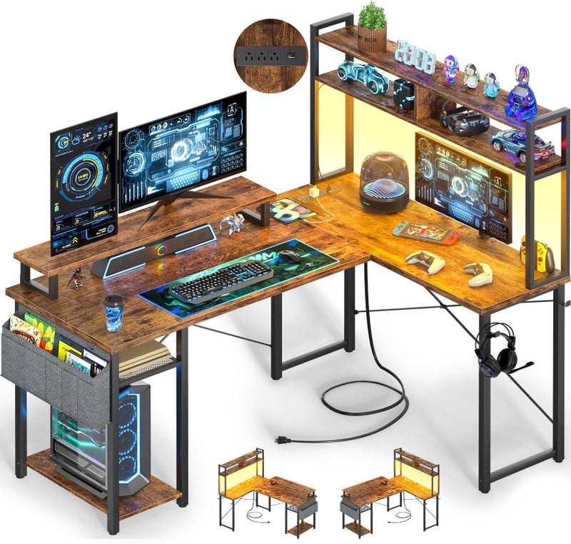 مكتب ألعاب صغير على شكل L من بيسيوست مع مآخذ طاقة 48 مكتب كمبيوتر LED قابل للعكس مع حامل شاشة ورف تخزين مكتب زاوية للألعاب ومكتب منزلي مع حقيبة تخزين بني ريفي