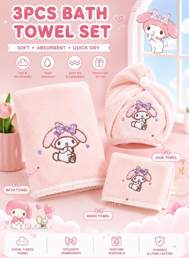 Sanrio 3 Pcs Sanrio Melody Cute Bath Towel Set, Coral Fleece Bath Towel, includes a Bath Towel, a Hair Towel, and a Towel, Pink - Image 1
