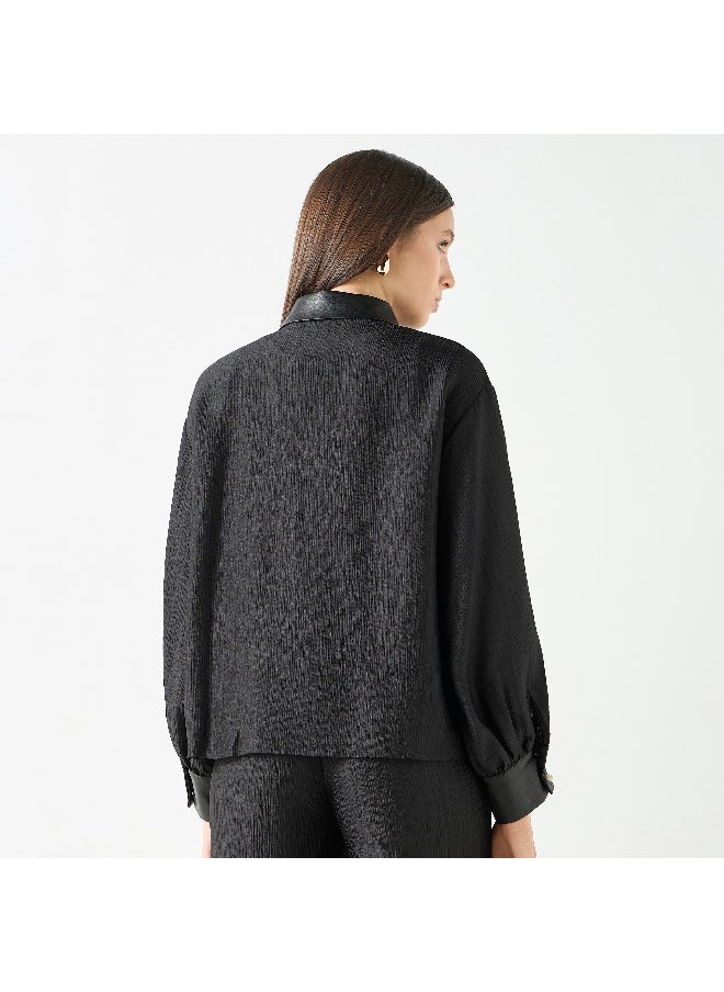 Iconic Iconic Regular Fit Textured Shirt with Contrast Collar and Long Sleeves  - Image 4