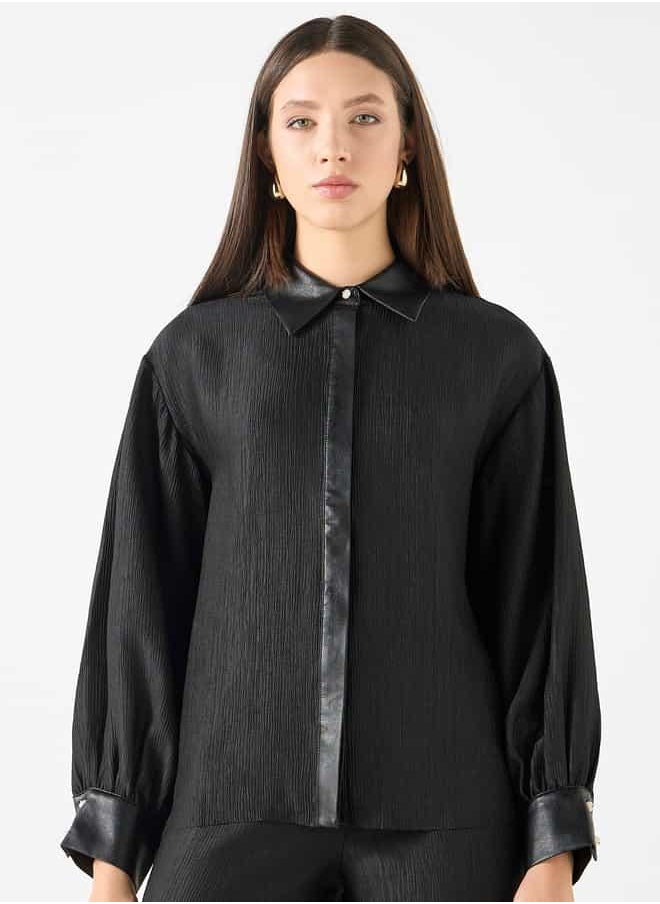 Iconic Iconic Regular Fit Textured Shirt with Contrast Collar and Long Sleeves  - Image 1