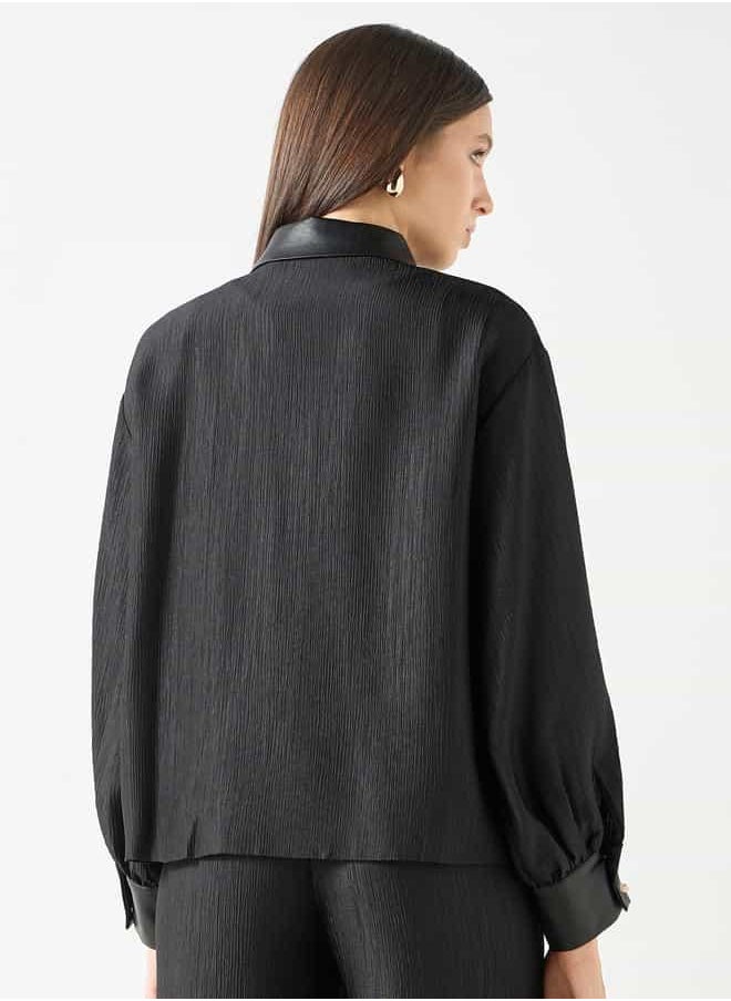 Iconic Iconic Regular Fit Textured Shirt with Contrast Collar and Long Sleeves  - Image 3