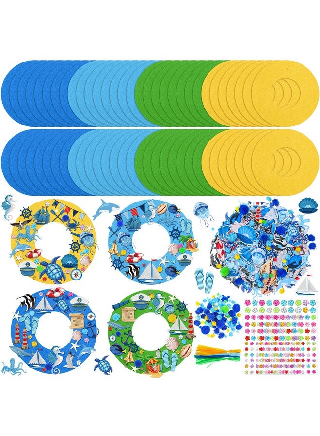 Suilung 32 Sets Summer Ocean Craft Kits DIY Felt Wreath Making Kits Ocean Sailing Hanging Ornament Decorations with Starfish Seahorse Turtle Dolphin Shell Fish Stickers for Summer Home Beach Party Favors - Image 1