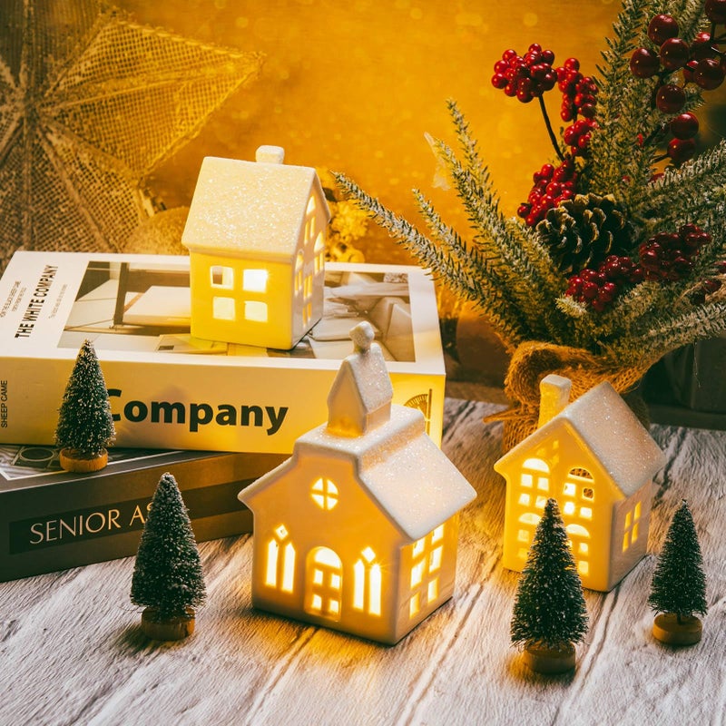 Mwfus 7 Pcs Christmas Miniature Porcelain Village Sets Tabletop Figurine LED Porcelain House Miniature Christmas Figurines Decorations for Tabletop Mantle Decor - Image 4