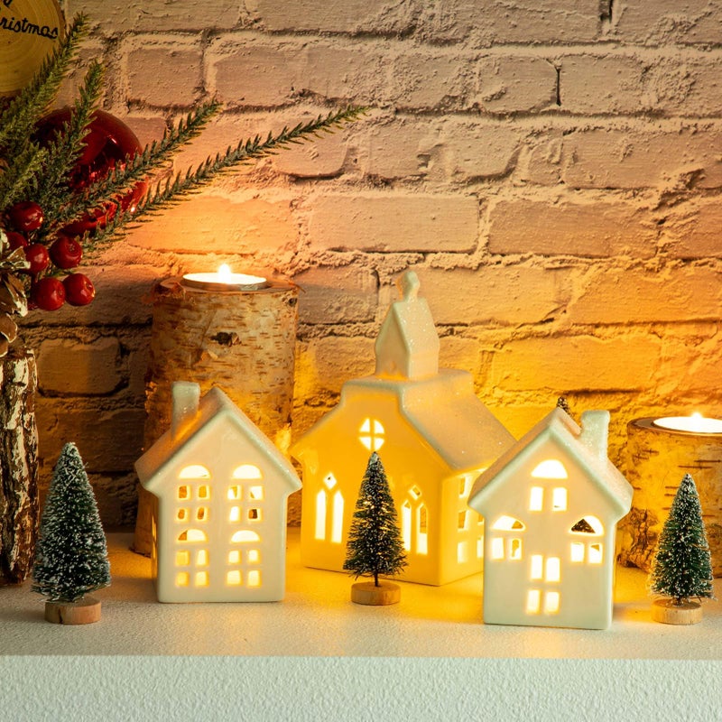 Mwfus 7 Pcs Christmas Miniature Porcelain Village Sets Tabletop Figurine LED Porcelain House Miniature Christmas Figurines Decorations for Tabletop Mantle Decor - Image 2