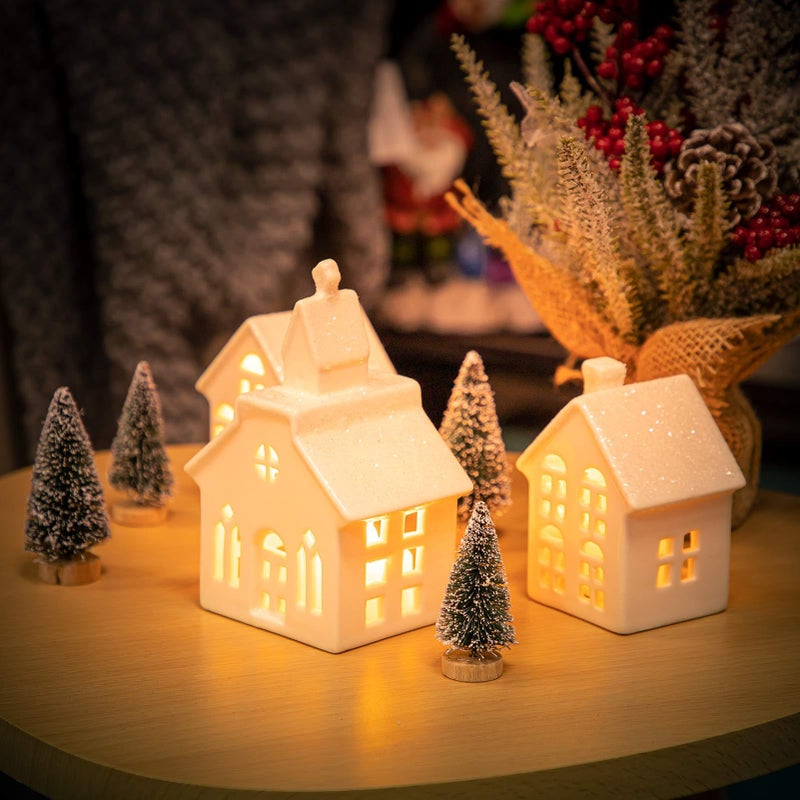 Mwfus 7 Pcs Christmas Miniature Porcelain Village Sets Tabletop Figurine LED Porcelain House Miniature Christmas Figurines Decorations for Tabletop Mantle Decor - Image 3