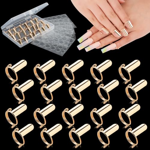 EBANKU 20PCS Wudu Nail Rings, Updated Adjustable Nail Rings Detachable Reusable Women Gift Ring Set with 120PCS Adhesive Nail Tabs for Acrylic Nail Art Decoration Gold - Image 1