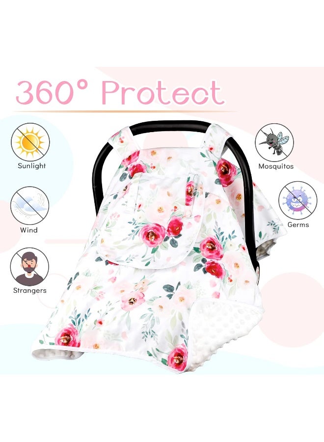 TANOFAR Car Seat Covers for Babies Girl, Winter Carseat Seat Cover for Newborns, Carseat Canopy Cozy & Warm Cover, Carrier Cover with Peep Windows, Pink Flower Rose - Image 2