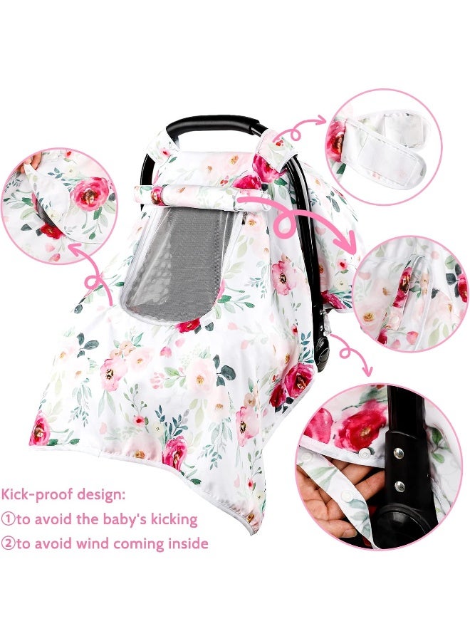 TANOFAR Car Seat Covers for Babies Girl, Winter Carseat Seat Cover for Newborns, Carseat Canopy Cozy & Warm Cover, Carrier Cover with Peep Windows, Pink Flower Rose - Image 3