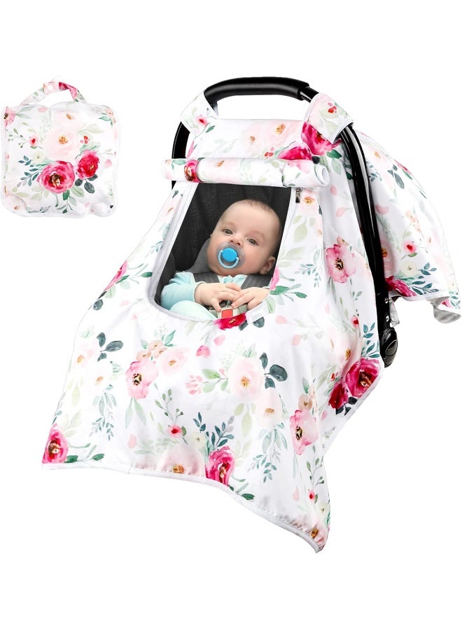 TANOFAR Car Seat Covers for Babies Girl, Winter Carseat Seat Cover for Newborns, Carseat Canopy Cozy & Warm Cover, Carrier Cover with Peep Windows, Pink Flower Rose - Image 1