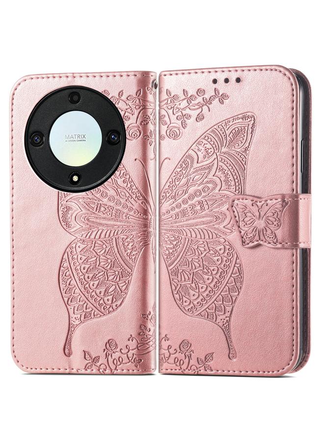 اس-توب جراب هاتف Honor X40 من الجلد المنقوش بنقشة زهور الحب على شكل فراشة - Image 2