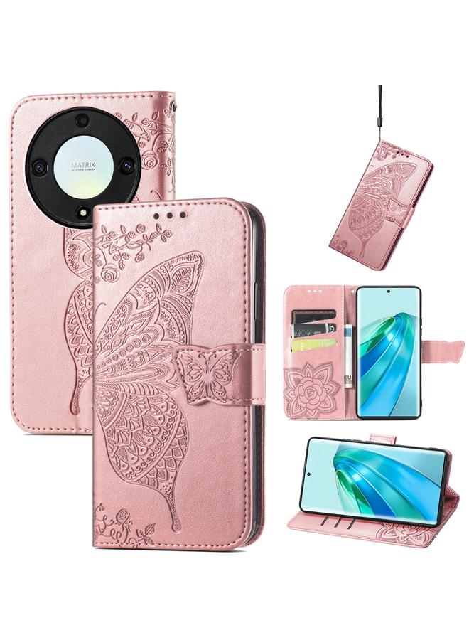 اس-توب جراب هاتف Honor X40 من الجلد المنقوش بنقشة زهور الحب على شكل فراشة - Image 1