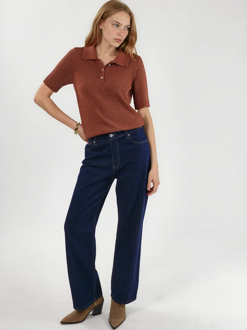 Hiccup Beaver Brown Textured Knit Polo Collar Top for Women | Best Price UAE