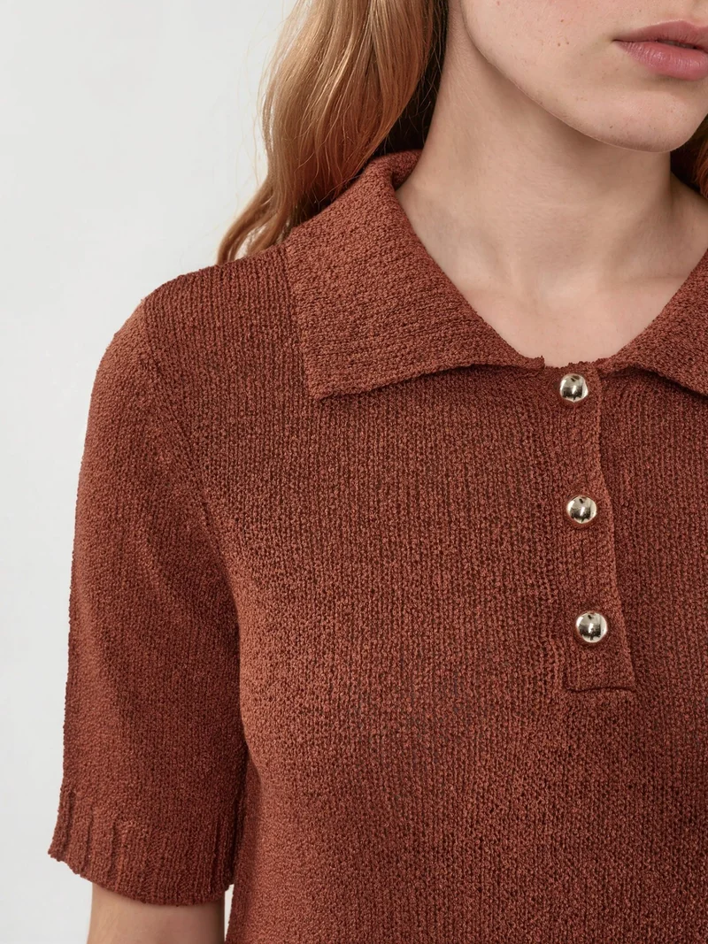 Hiccup Beaver Brown Textured Knit Polo Collar Top for Women | Best Price UAE