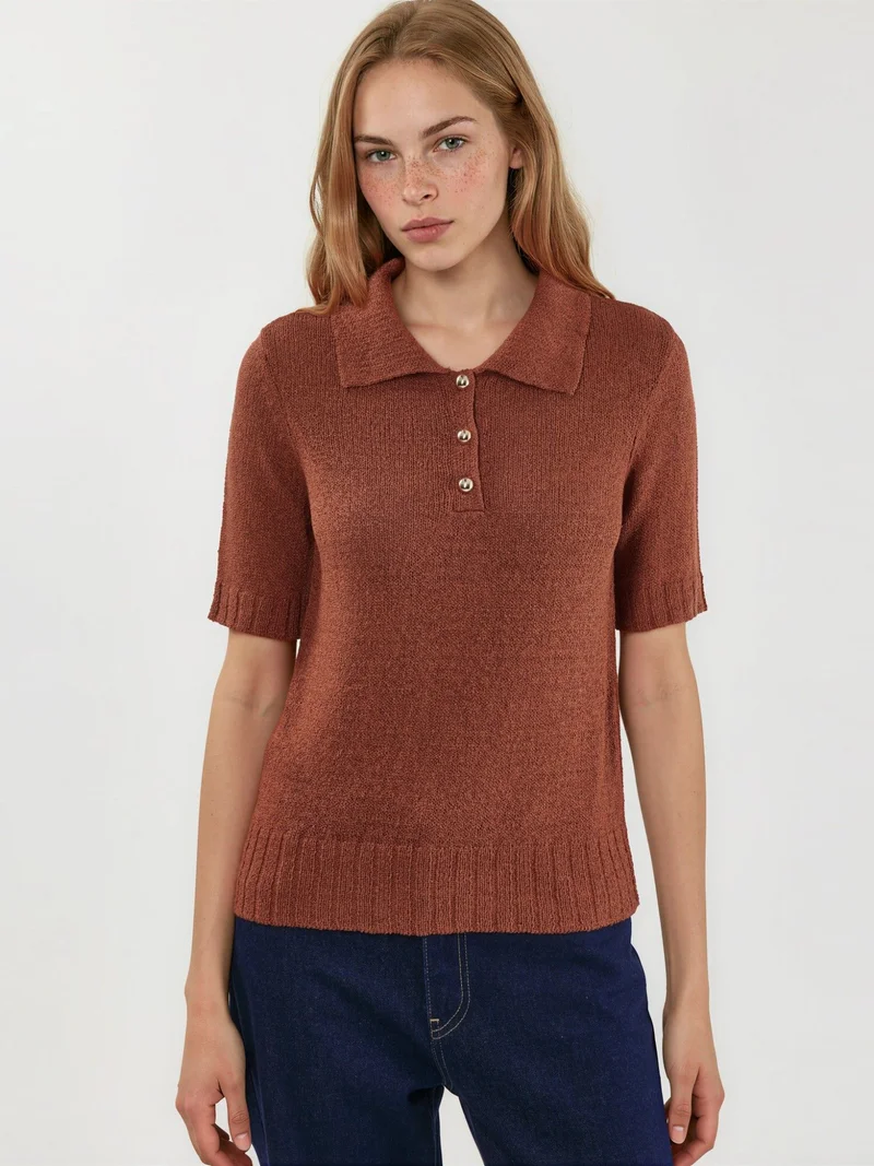 Hiccup Beaver Brown Textured Knit Polo Collar Top for Women | Best Price UAE