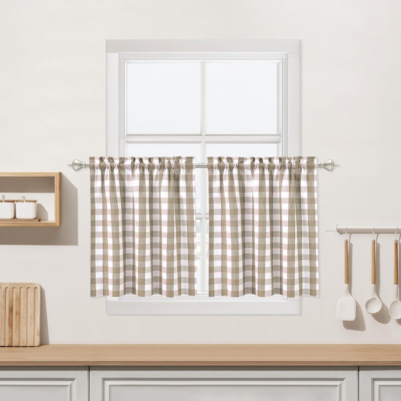 Bapawfish Beige Buffalo Plaid Cafe Curtains 30 Inch Length, Buffalo Check Kitchen Tier Curtains, Farmhouse Gingham Rod Pocket Short Half Window Curtain for Kitchen Bathroom, 28" W x 30" L, Linen, Set of 2 - Image 1