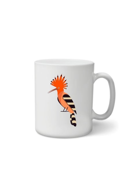 White ceramic mug with a printed design of a hoopoe bird in beautiful colors