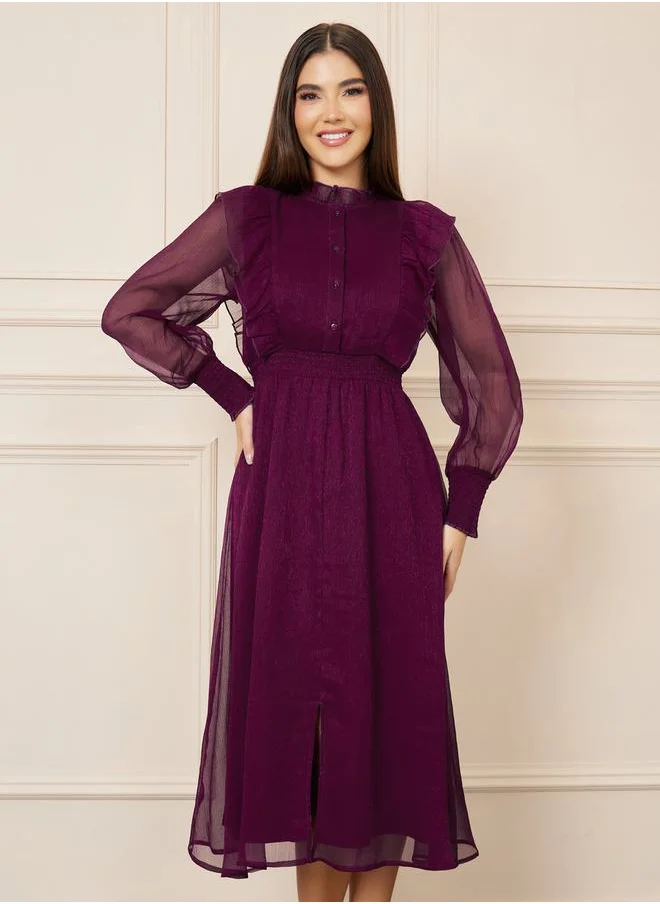 ستايلي Shiny Organza Frill Detail High Neck A-Line Midi Dress