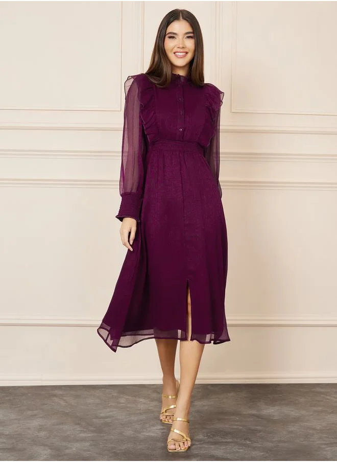 ستايلي Shiny Organza Frill Detail High Neck A-Line Midi Dress