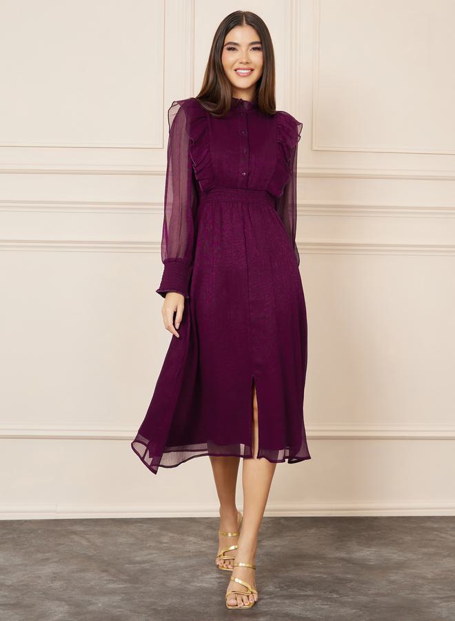 Styli Shiny Organza Frill Detail High Neck A-Line Midi Dress  - Image 1