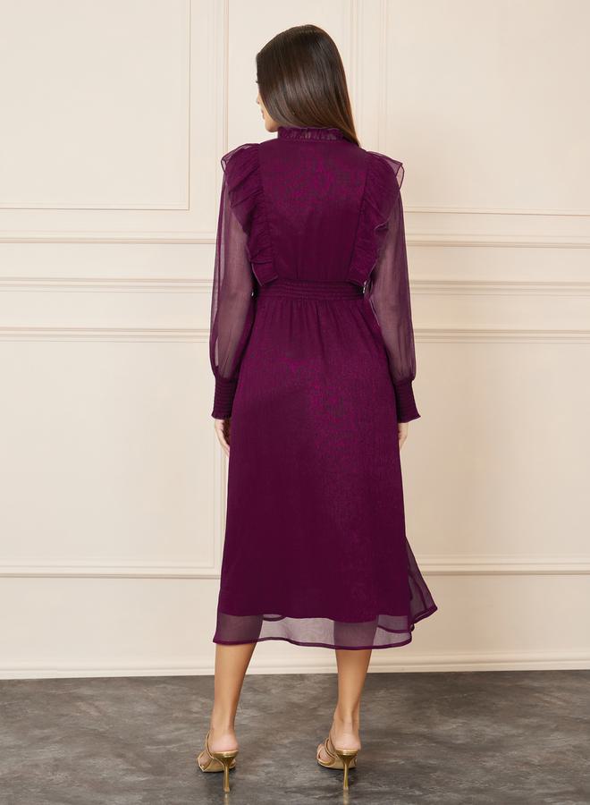 Styli Shiny Organza Frill Detail High Neck A-Line Midi Dress  - Image 4