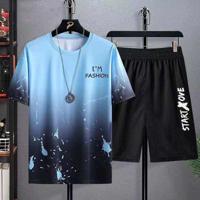 Mens Summer Fashion Gradient Ice Silk Short-sleeve Set Blue Gradient Set 
