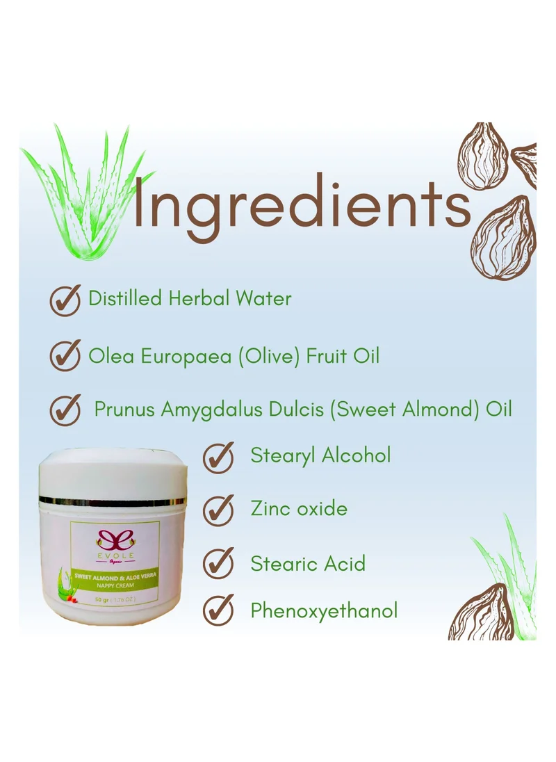EVOLE Nappy Cream, Baby Diaper Rash Cream Moisturizing With Almond Oil and Aloe Vera (50g)