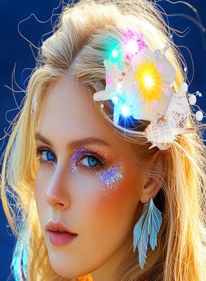 Latious Seashell Wedding Hair Clips Light Up Starfish Bridal Hair Barrettes Flower Beach Hair Accessories for Women and Girls (Pack of 2) (Colorful Light) - Image 1