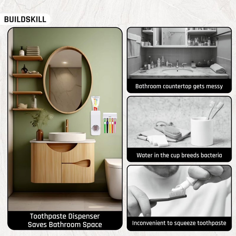 Buildskill Toothpaste Dispenser & Toothbrush Holders for Bathroom Set - Easy Install Brush Holder with Toothbrush Cover, Adjustable, Space-Saving Tooth Brushes Holder White (Pack of 2) - Image 4