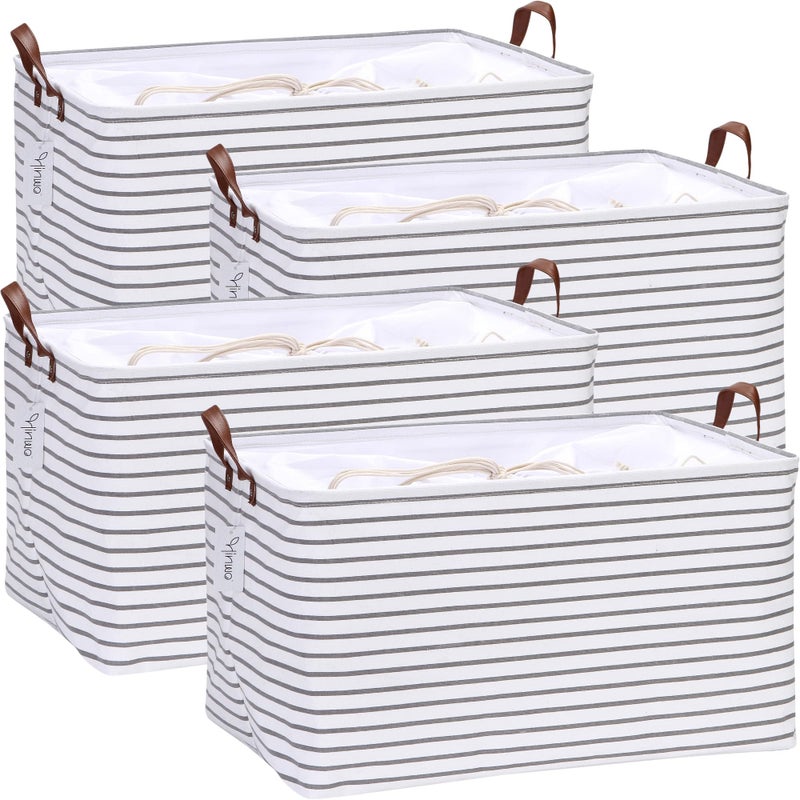 Hinwo 4Pack Extra Large Canvas Fabric Storage Baskets with Handles 70L Oversized Storage Bins Collapsible Storage Box Clothes Toys Blankets Organizers 22 x 15 x 13 inches Grey Stripe