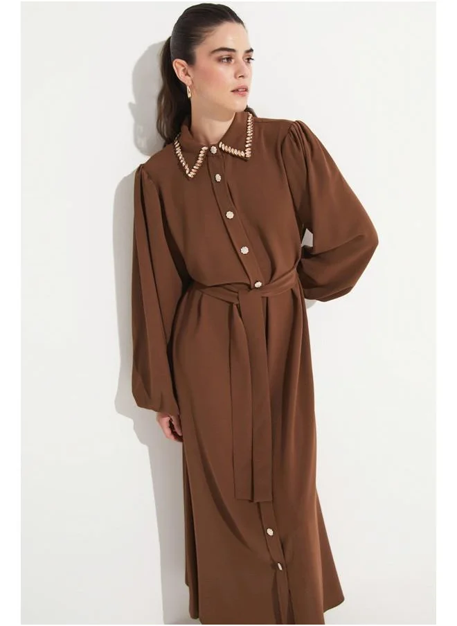 جون June Shirt Neck Stone Detailed Dress Brown