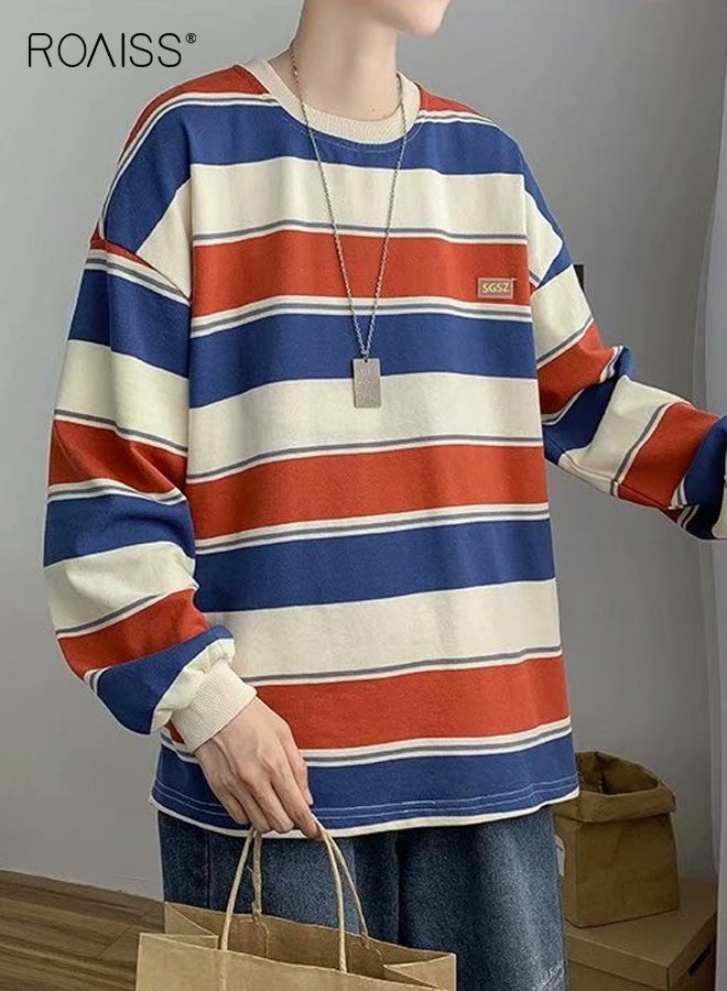 roaiss Men's Three Color Striped Loose Fit T-Shirt Round Neck Long Sleeve Top Oversized Casual Cut, Soft Comfortable Material for Young Adults, Perfect for Spring and Fall Leisure Wear - Image 3