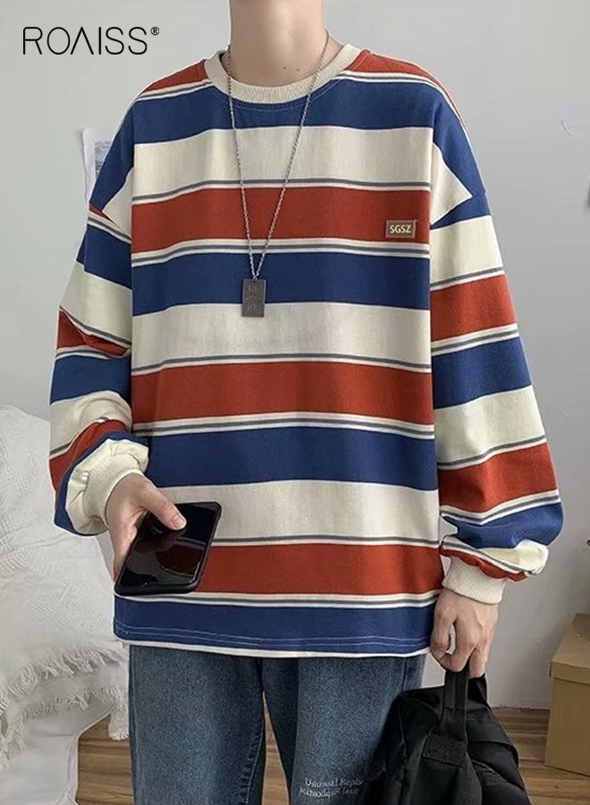 roaiss Men's Three Color Striped Loose Fit T-Shirt Round Neck Long Sleeve Top Oversized Casual Cut, Soft Comfortable Material for Young Adults, Perfect for Spring and Fall Leisure Wear - Image 2