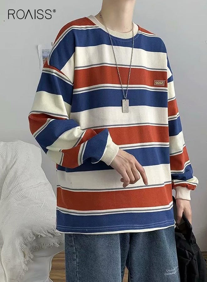 roaiss Men's Three Color Striped Loose Fit T-Shirt Round Neck Long Sleeve Top Oversized Casual Cut, Soft Comfortable Material for Young Adults, Perfect for Spring and Fall Leisure Wear - Image 1