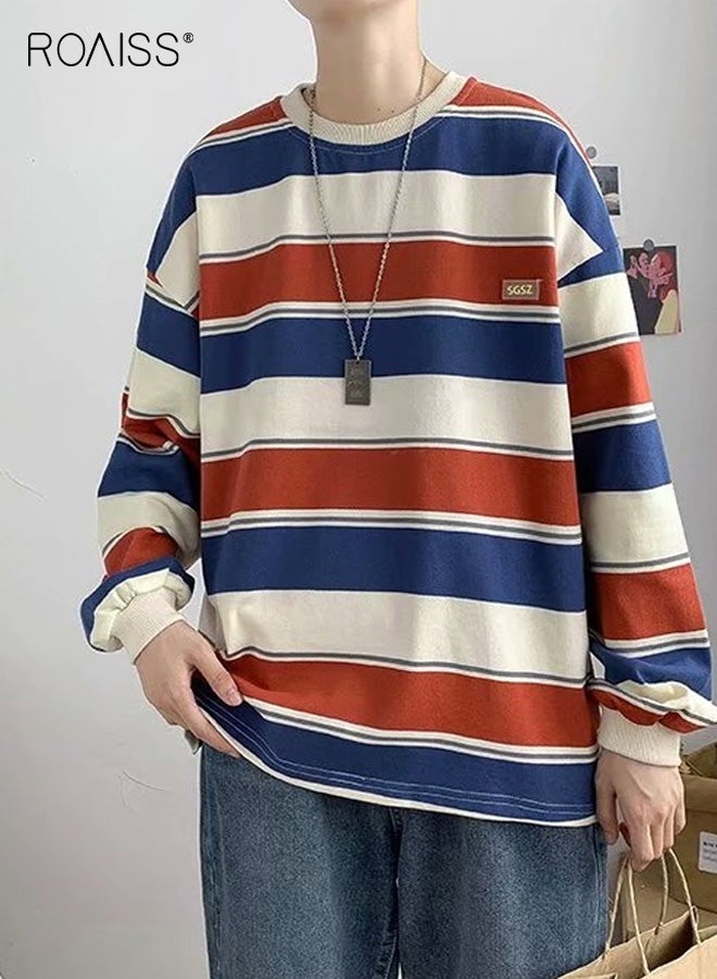 roaiss Men's Three Color Striped Loose Fit T-Shirt Round Neck Long Sleeve Top Oversized Casual Cut, Soft Comfortable Material for Young Adults, Perfect for Spring and Fall Leisure Wear - Image 4