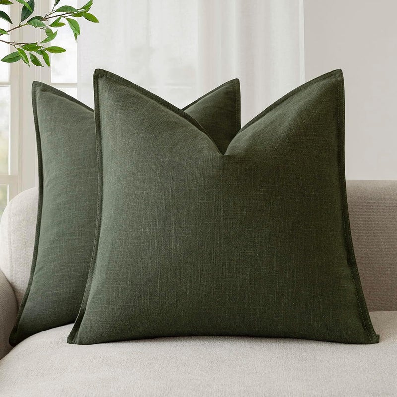 Foindtower Pack of 2, Decorative Linen Solid Throw Pillow Covers Soft Accent Cushion Case Farmhouse Neutral Pillowcase for Chair Couch Sofa Bedroom Living Room Home Decor 18 x 18 Inch Dark Olive Green - Image 1