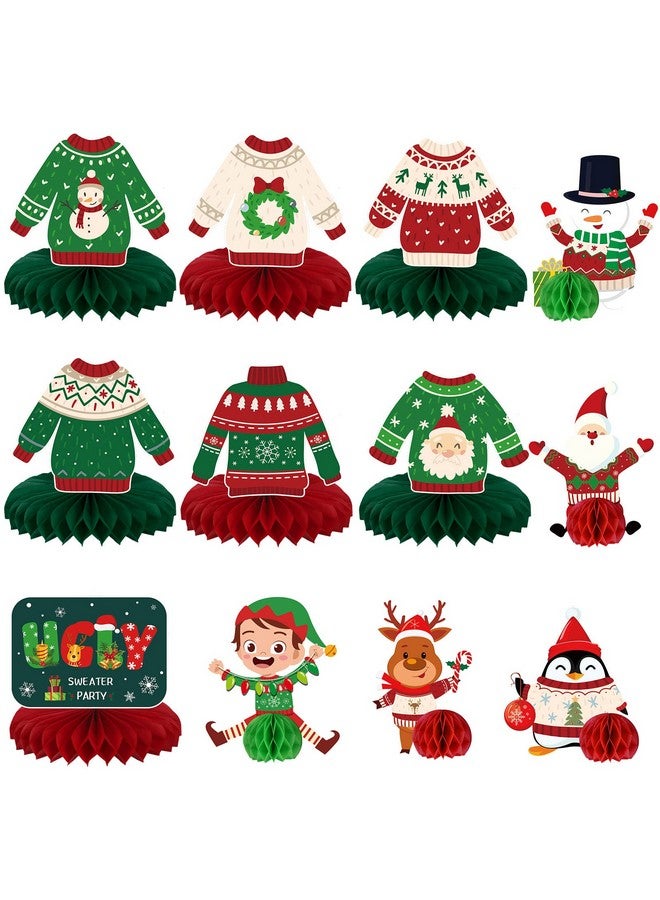 Eersida 12 قطعة زينة حفلة سترة عيد الميلاد القبيحة زينة مركزية على شكل خلية نحل سترة عيد الميلاد زينة طاولة ثلاثية الأبعاد لحفلة عيد الميلاد لوازم عطلات الشتاء - Image 1