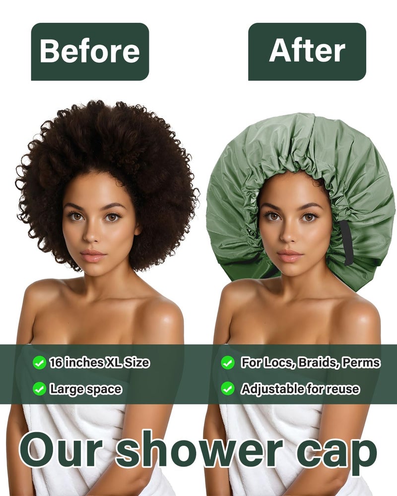 Aquior Shower Cap for Women, Extra Adjustable Shower Caps for Women Double-Layer Waterproof Reusable Hair Cap, Large Size Hair Cap for All Hair,for Girls Spa Bath,Soft and Comfortable (Green) - Image 3