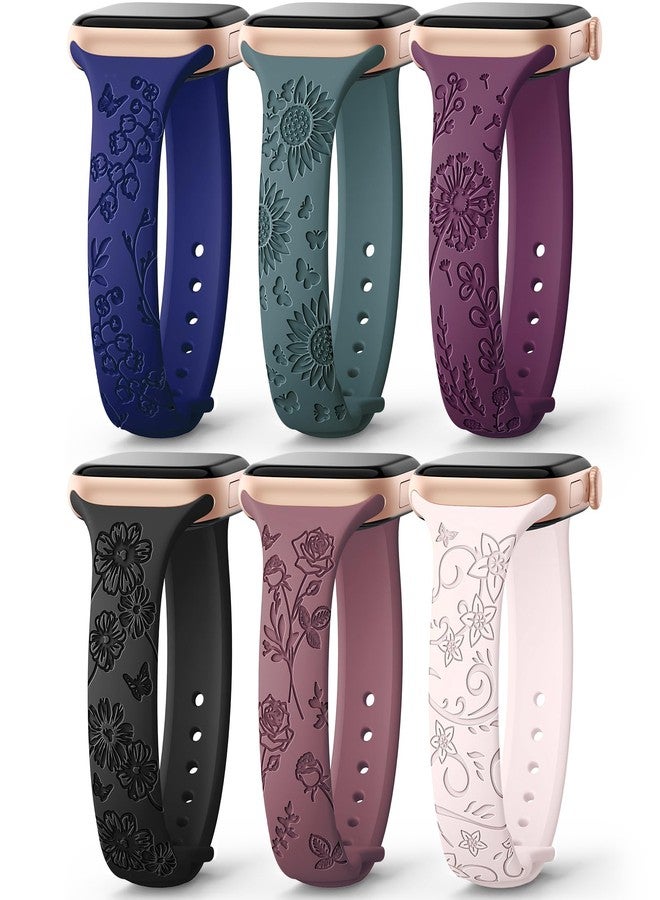 امسكاي مجموعة AMSKY من 6 أساور رفيعة محفورة بنقوش زهرية، متوافقة مع ساعات Apple Watch بمقاسات 40 مم، 41 مم، 42 مم، 38 مم، 44 مم، 45 مم، 46 مم، 49 مم، للنساء. سوار رياضي أنيق من السيليكون لساعات iWatch Series 10 Ultra و9 و8 و7 و6 و5 و4 و3 و2 و1 وSE. - Image 1