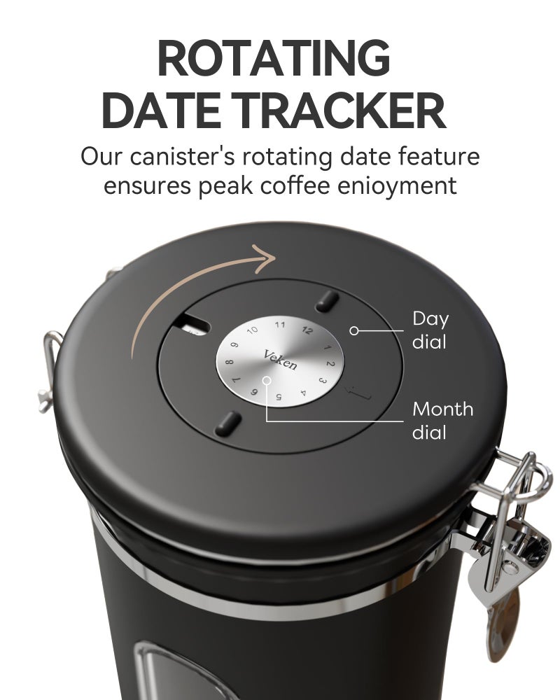 Veken 38oz Large Coffee Canister with Window  Airtight Stainless Steel  Kitchen Food Storage Container with Lids  Date Tracker and Scoop  Grounds Coffee Beans  Tea  Flour  Cereal  Sugar Jars  Black - Image 3