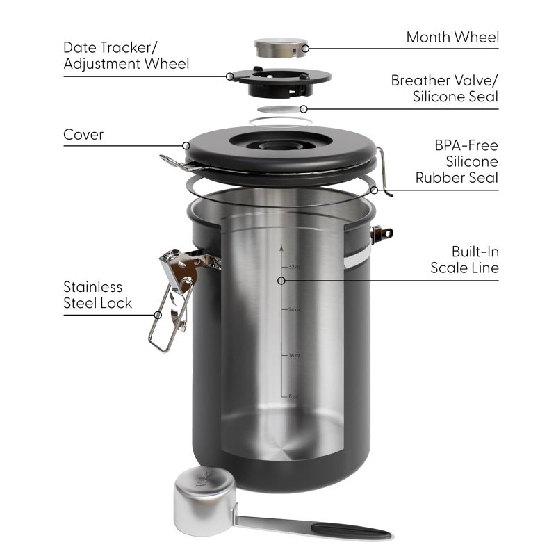 Veken 38oz Large Coffee Canister with Window  Airtight Stainless Steel  Kitchen Food Storage Container with Lids  Date Tracker and Scoop  Grounds Coffee Beans  Tea  Flour  Cereal  Sugar Jars  Black - Image 4