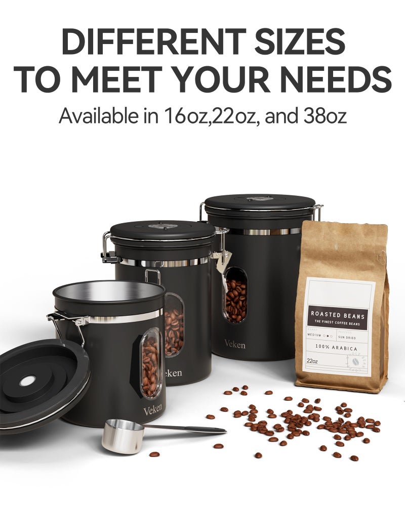 Veken 38oz Large Coffee Canister with Window  Airtight Stainless Steel  Kitchen Food Storage Container with Lids  Date Tracker and Scoop  Grounds Coffee Beans  Tea  Flour  Cereal  Sugar Jars  Black - Image 5