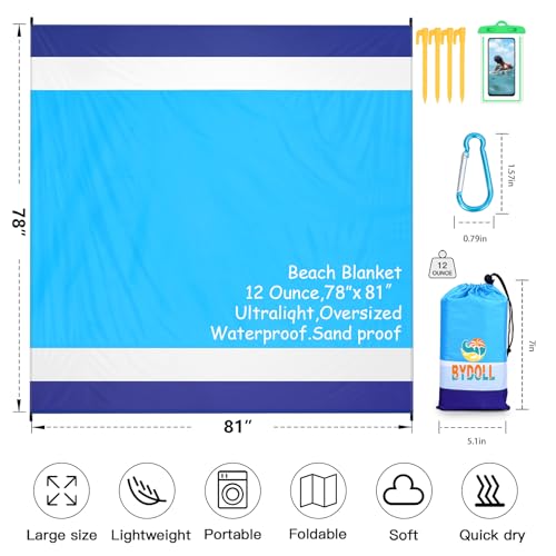 BYDOLL Beach Blanket Waterproof Sandproof 78''×81'' 1-5 Adults Oversized Lightweight Large Picnic Mat Waterproof Sandproof Blanket for Beach Camping Hiking Travel - Image 2